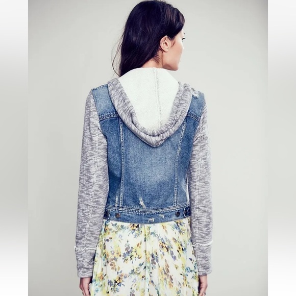 Free People Blue Hooded Distressed Denim Jean Jacket - Picture 3 of 16